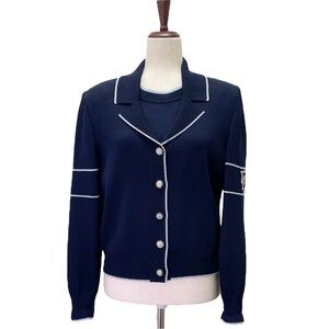 St. John Sport Santana Knit Cardigan Sweater Set Navy Blue Wool Blend Size S/M
